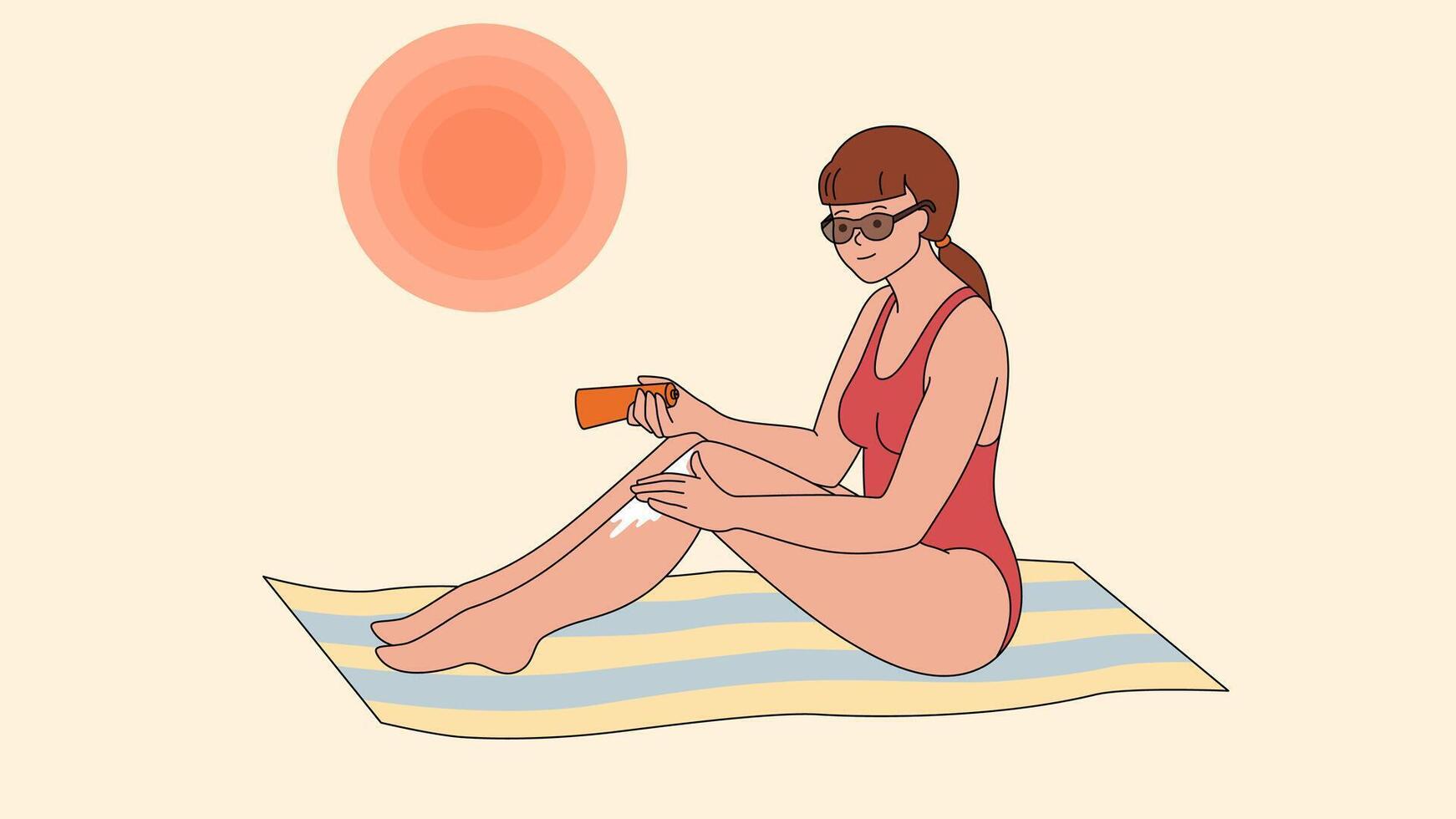 un joven mujer en Gafas de sol aplica protector solar a su piernas. bronceado loción. niña en el playa en contra el fondo de el peligroso Dom. vector