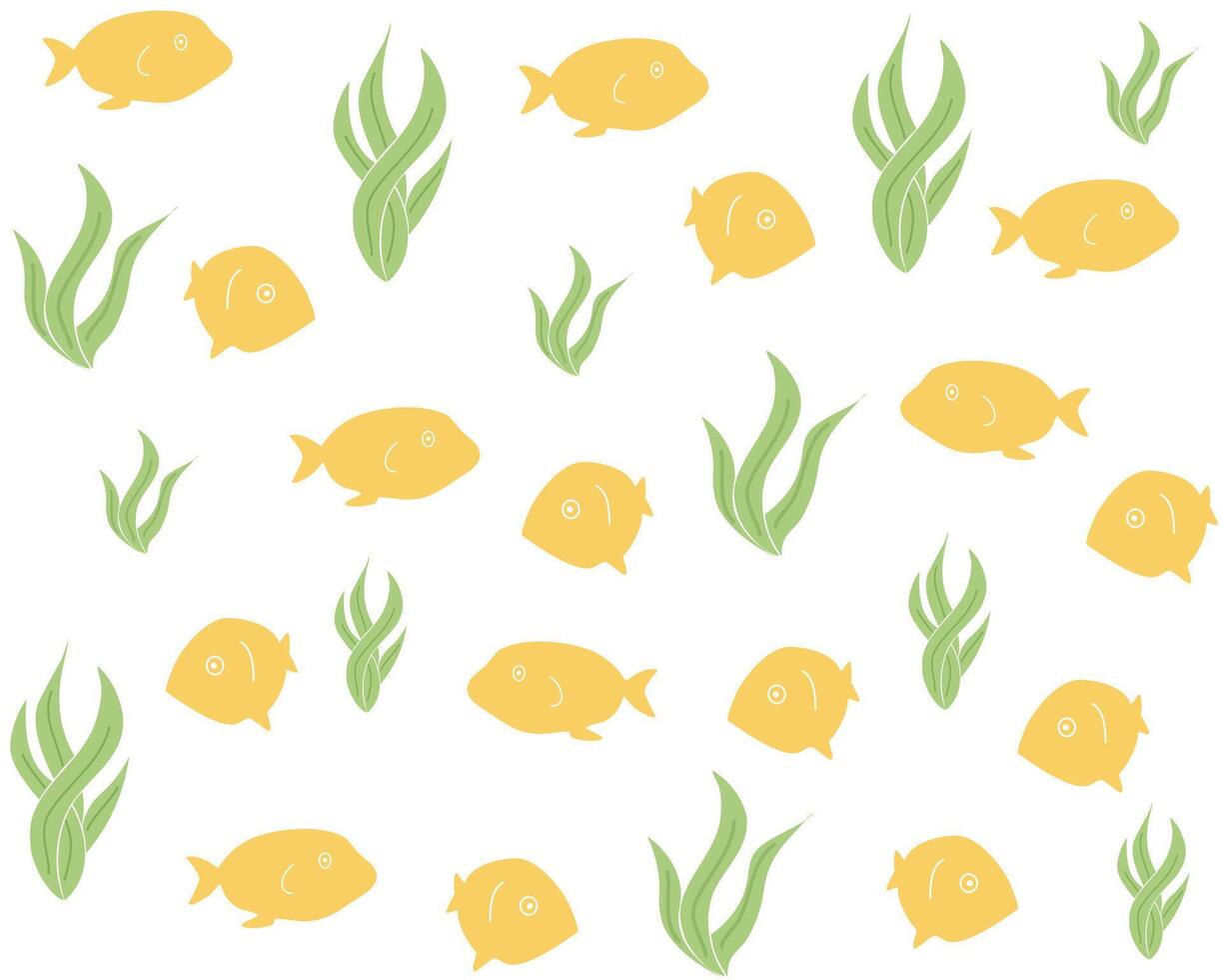 Seamless Background. Trendy Pattern with Yellow Fish and Algae on a White Background for Print, Web. Sea Bottom vector