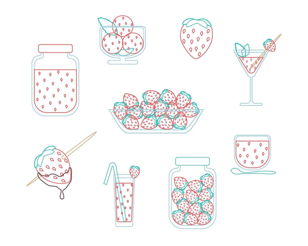 Strawberry Ice Cream. Glass Jar of Jam, Marmalade, Confiture. Chocolate Covered Strawberries. Home Canning. Juicy Strawberries, Red Berries. Outline Illustration of Summer Food. Doodle. Isolated vector
