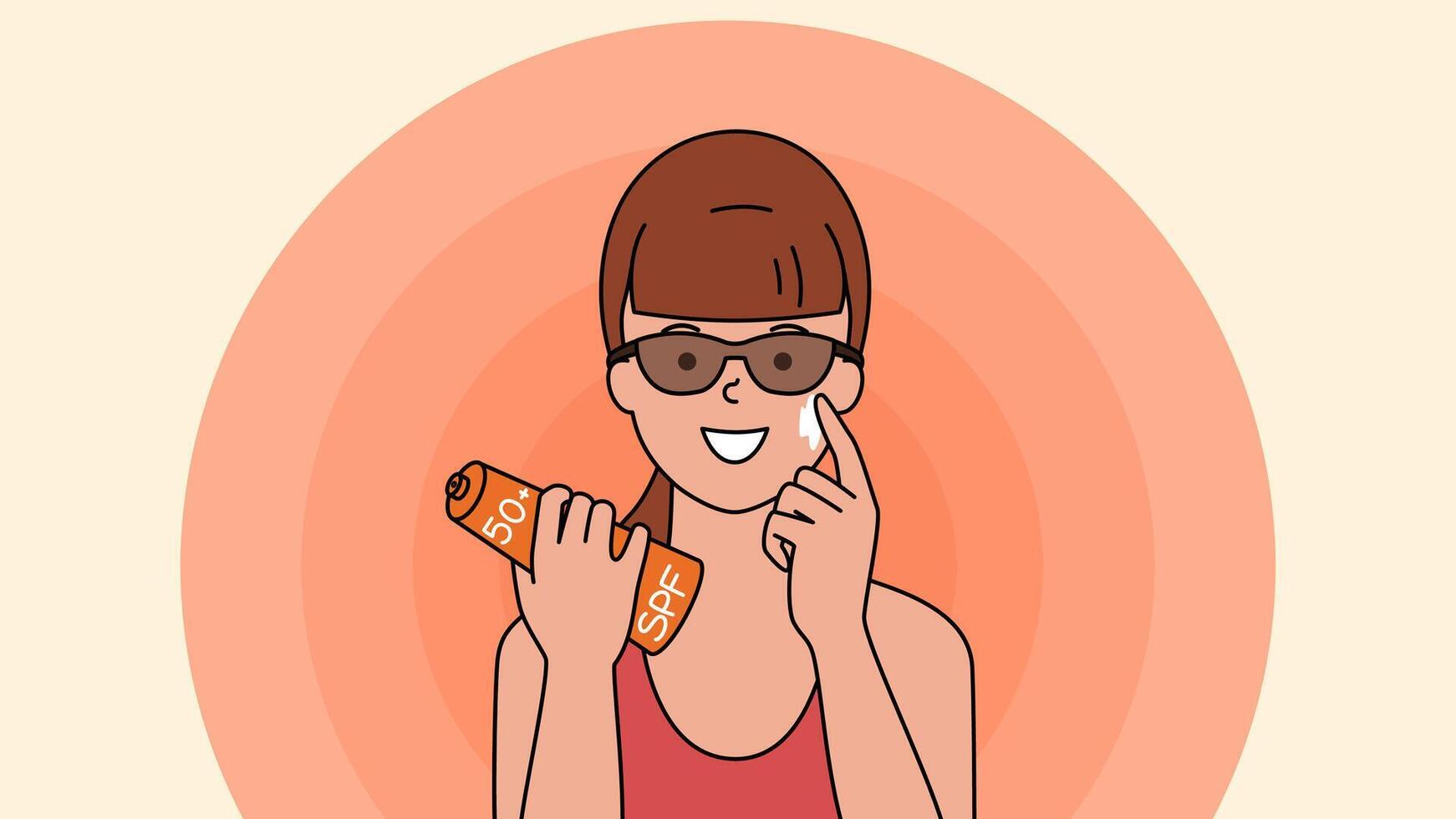 sonriente mujer en Gafas de sol aplicando protector solar a su rostro. bronceado loción. retrato de un contento mujer en contra el fondo de el peligroso Dom. vector