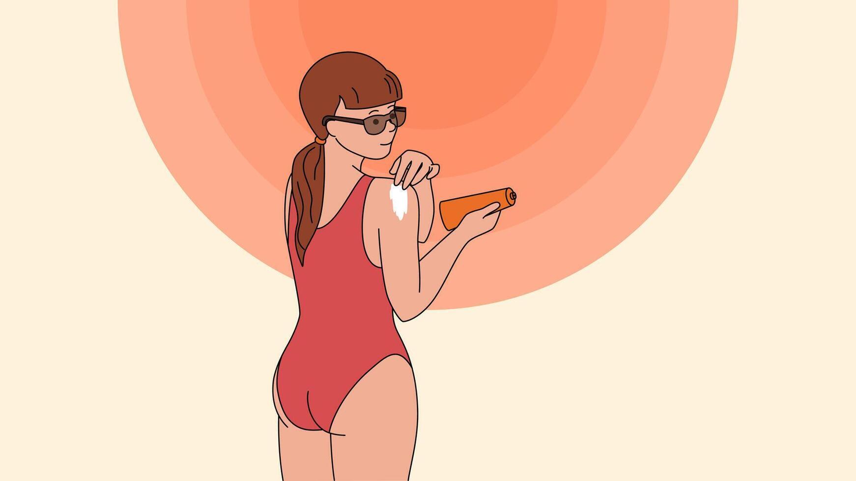 A Young Woman In Sunglasses Applies Sunscreen To Her Body. Suntan Lotion. A Girl In A Red Swimsuit Against The Backdrop Of The Dangerous Sun. vector