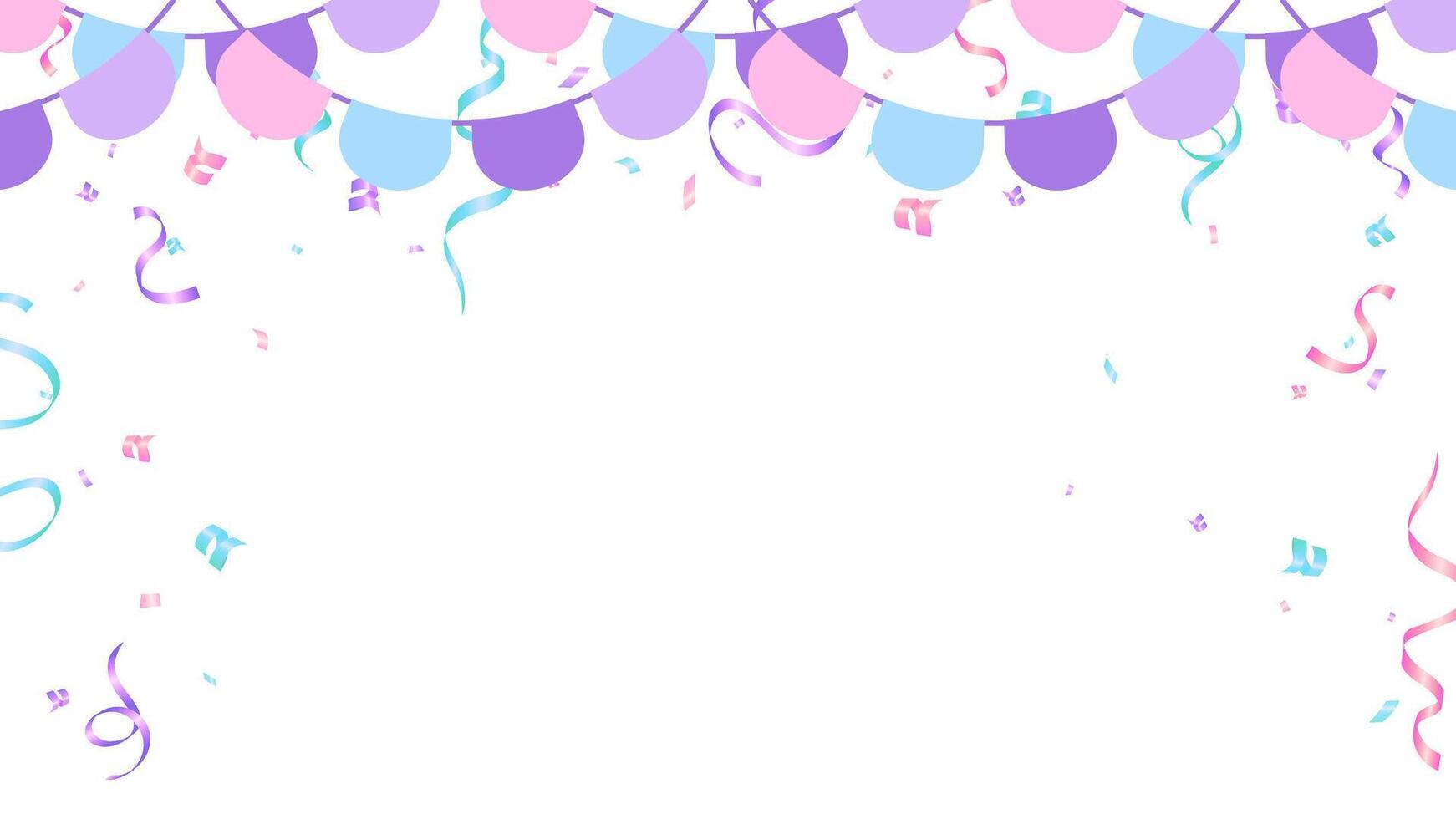 greeting card, frame with pink, blue, purple bunting garland flag and confetti holiday, birthday decoration element vector