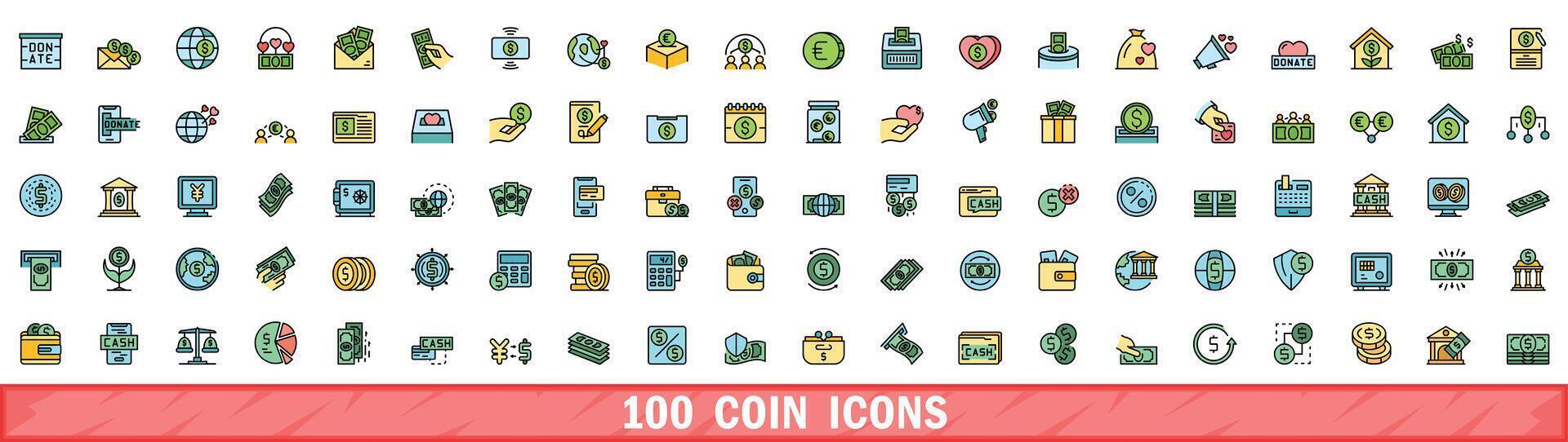 100 coin icons set, color line style vector
