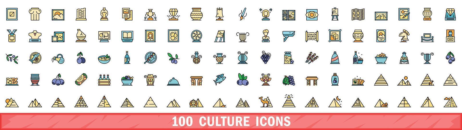 100 culture icons set, color line style vector