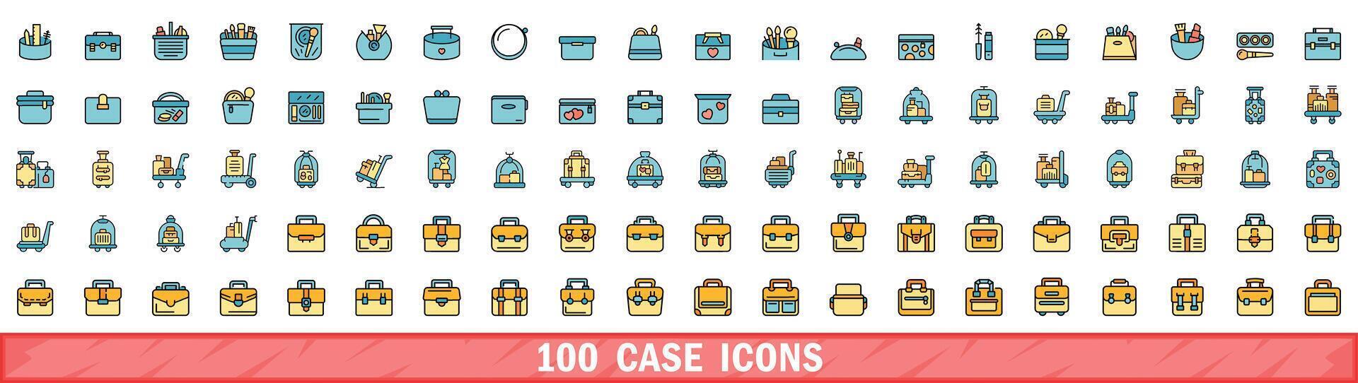 100 case icons set, color line style vector