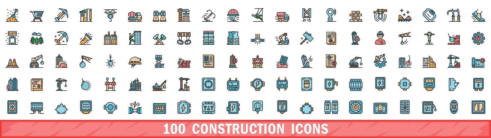 100 construction icons set, color line style vector