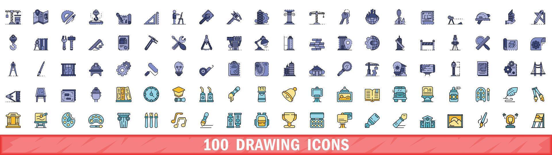 100 drawing icons set, color line style vector