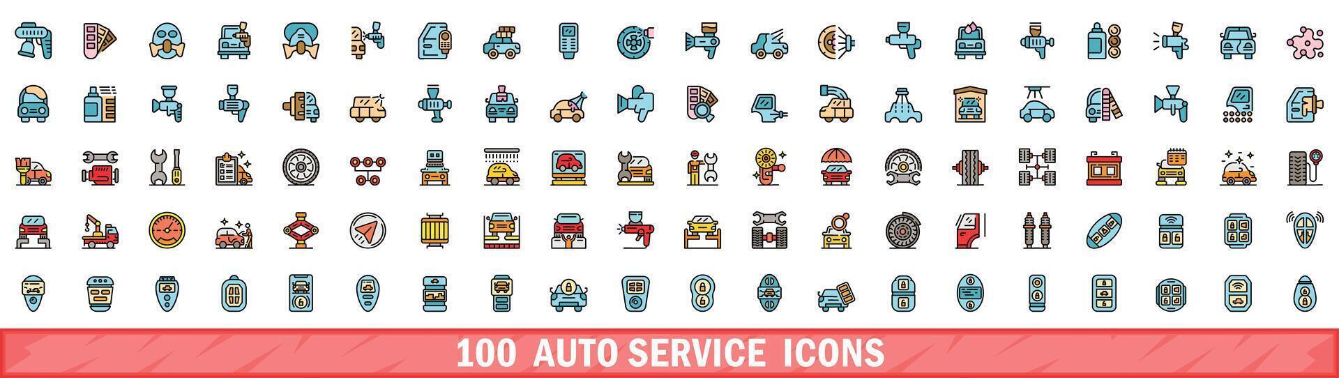 100 auto service icons set, color line style vector