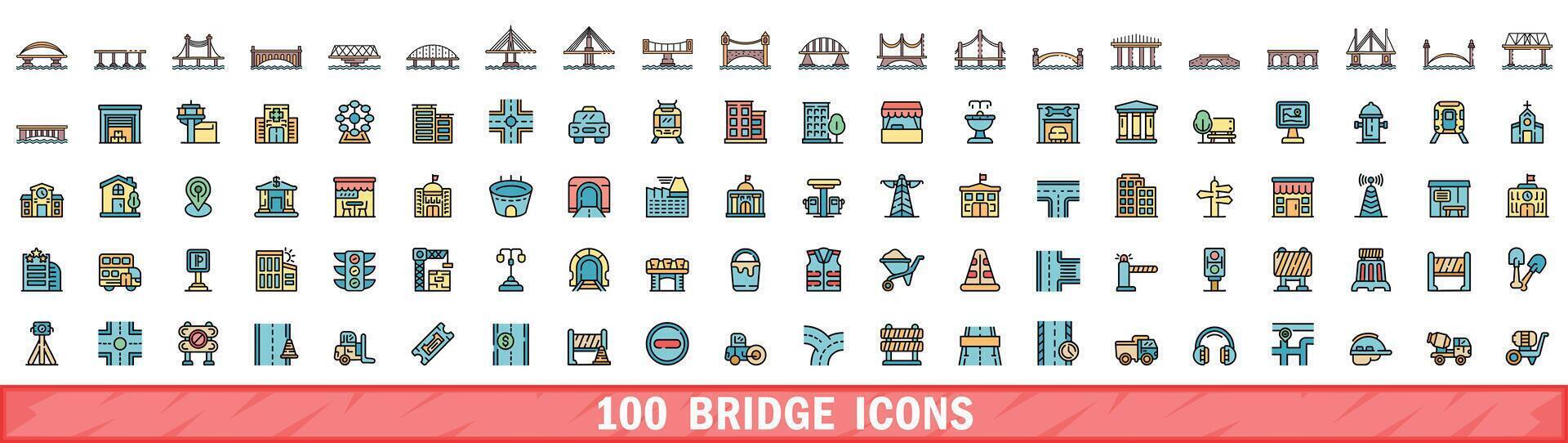 100 bridge icons set, color line style vector