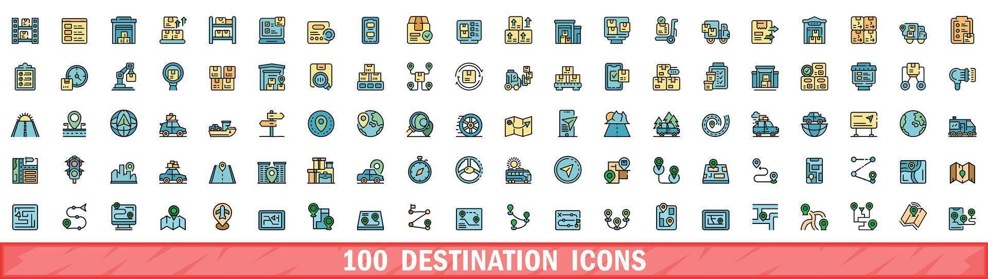 100 destination icons set, color line style vector