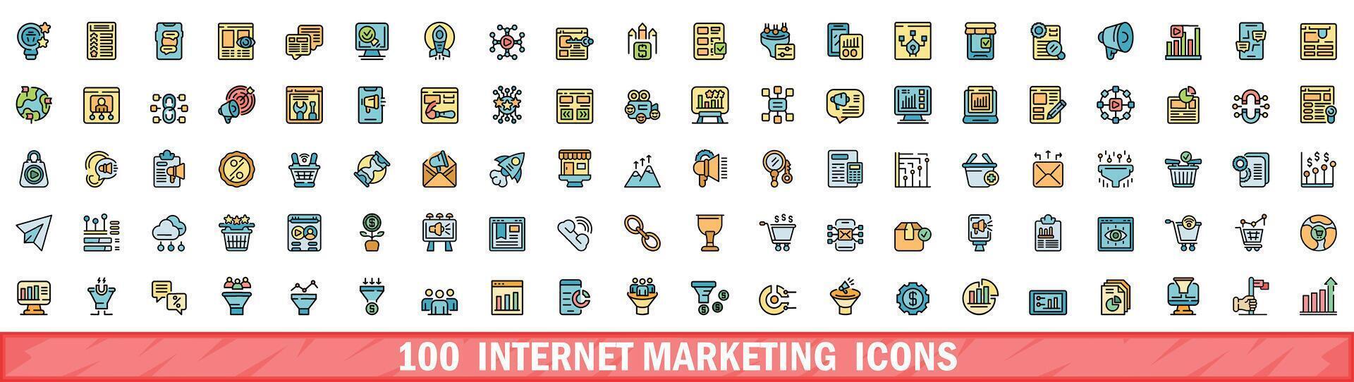 100 Internet márketing íconos colocar, color línea estilo vector