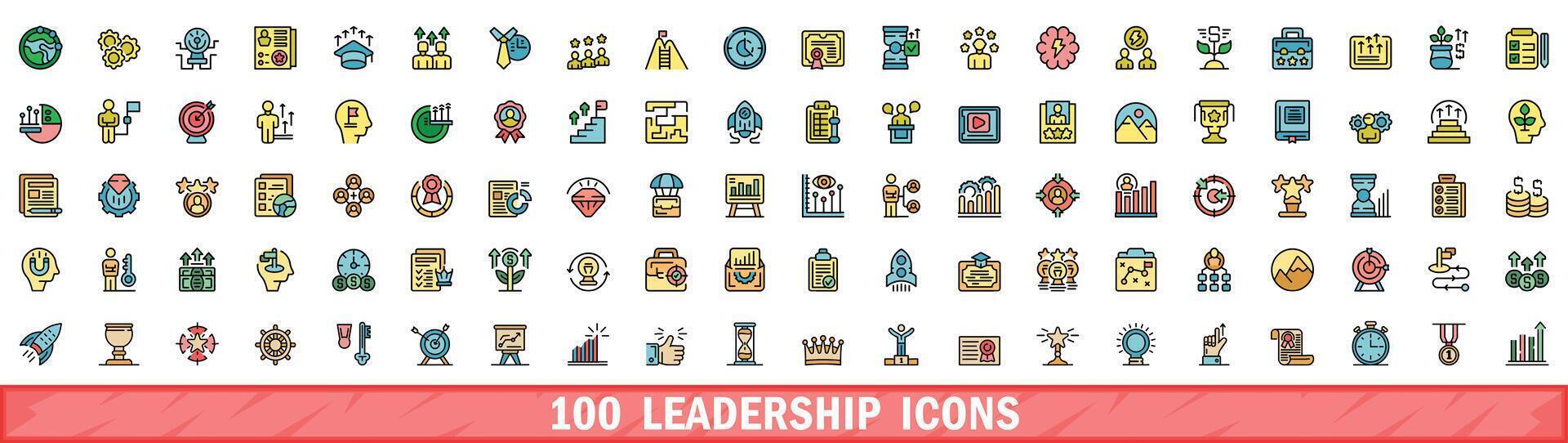 100 leadership icons set, color line style vector