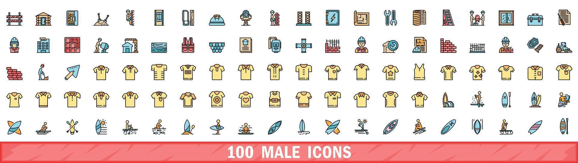 100 male icons set, color line style vector