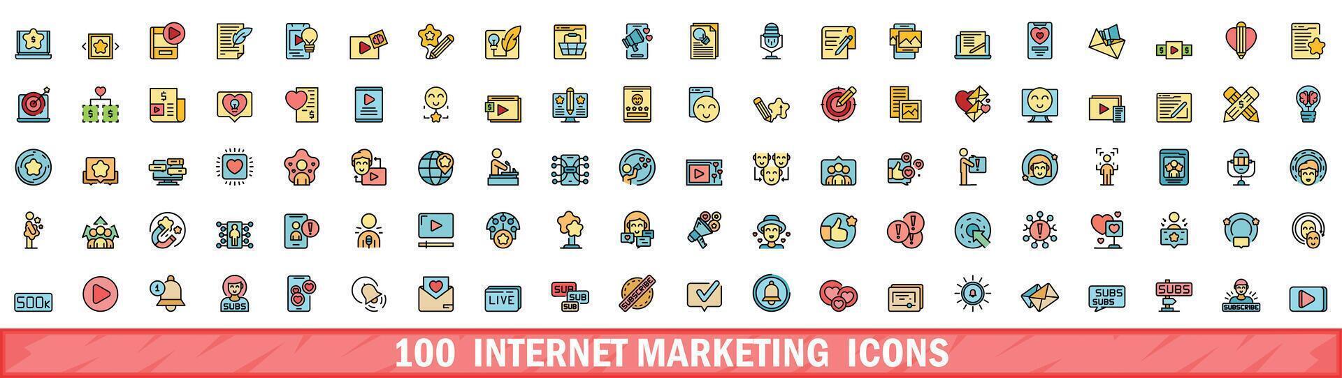100 Internet márketing íconos colocar, color línea estilo vector