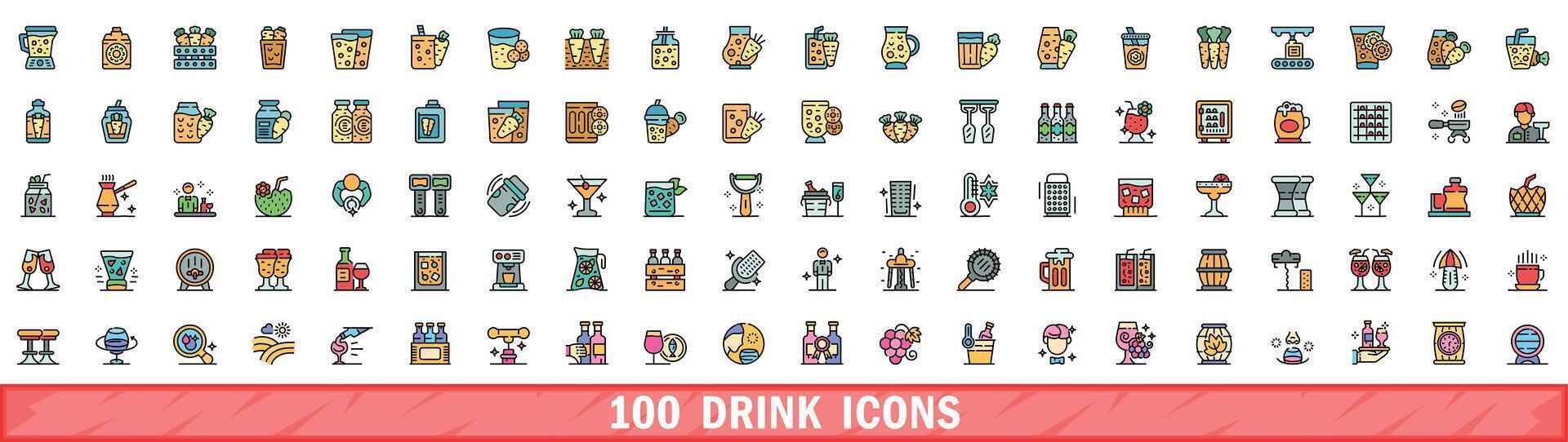100 bebida íconos colocar, color línea estilo vector