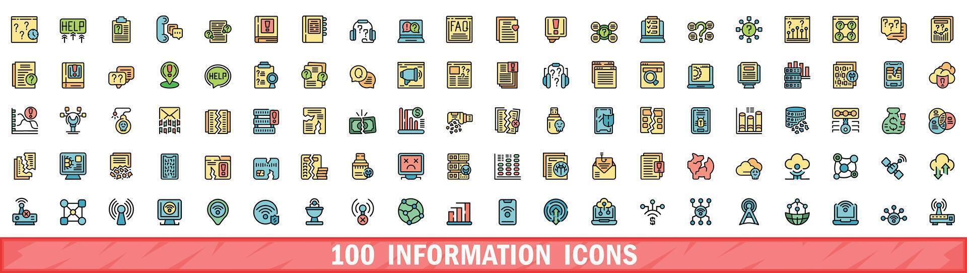 100 information icons set, color line style vector