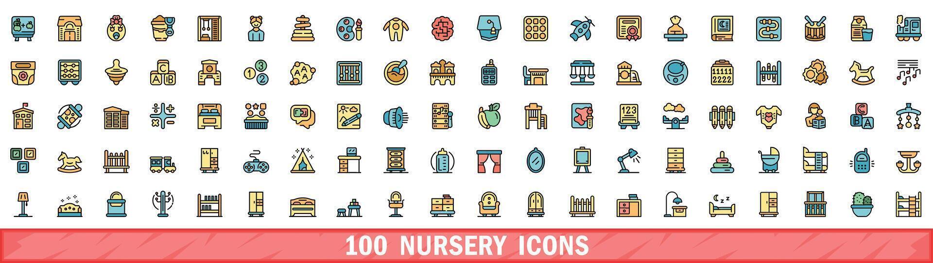 100 nursery icons set, color line style vector