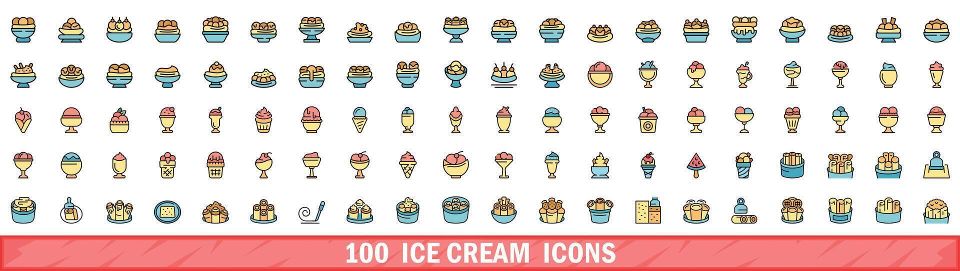 100 ice cream icons set, color line style vector