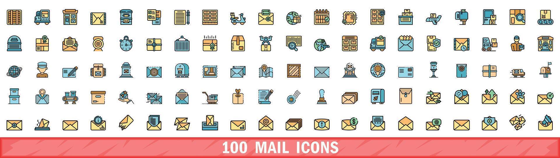 100 mail icons set, color line style vector