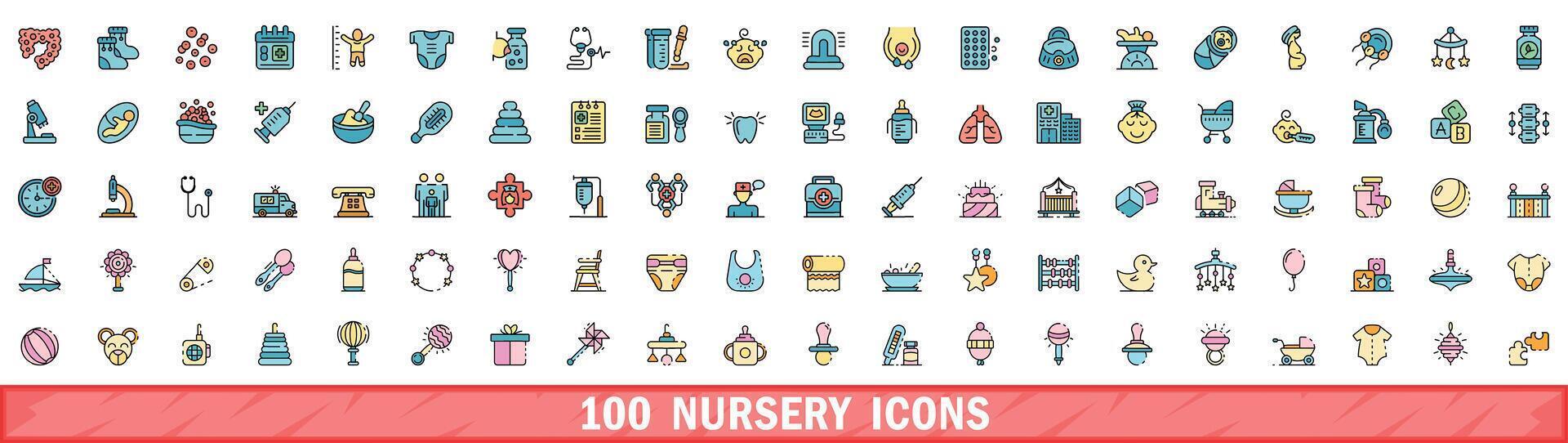 100 nursery icons set, color line style vector