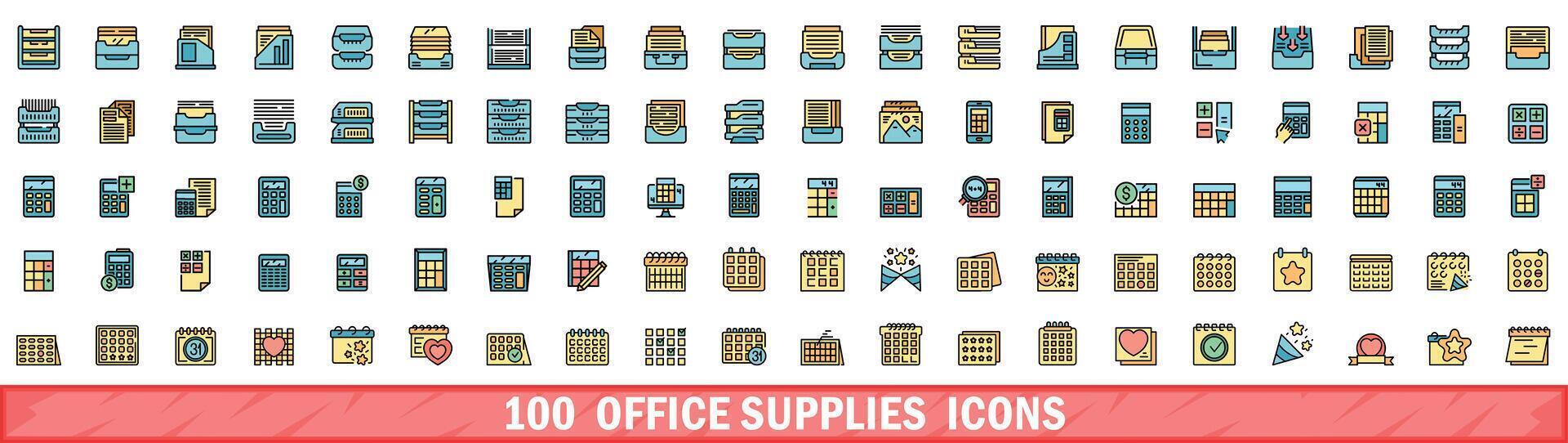 100 office supplies icons set, color line style vector