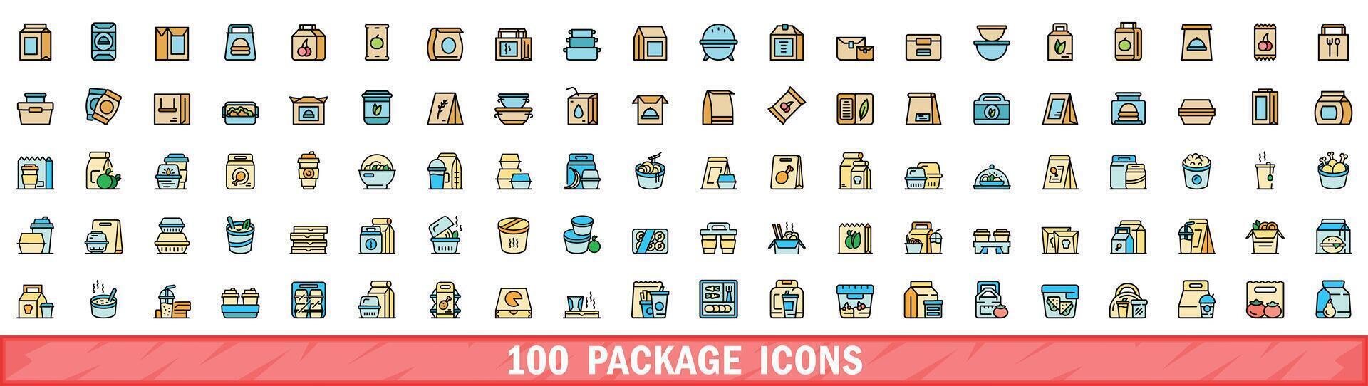 100 package icons set, color line style vector
