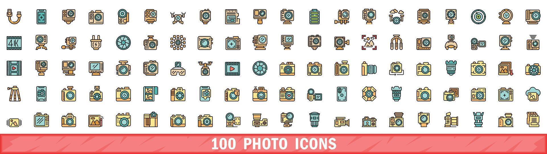 100 photo icons set, color line style vector
