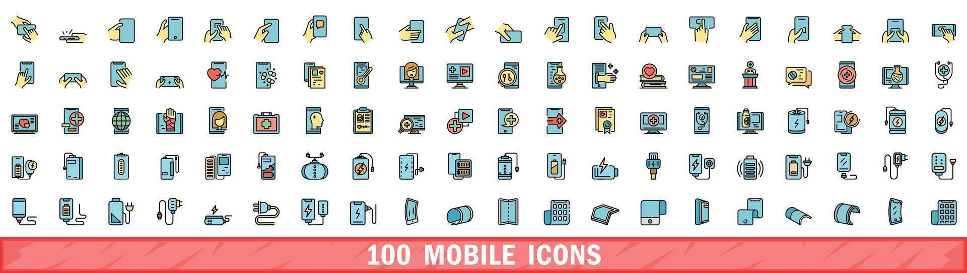 100 mobile icons set, color line style vector