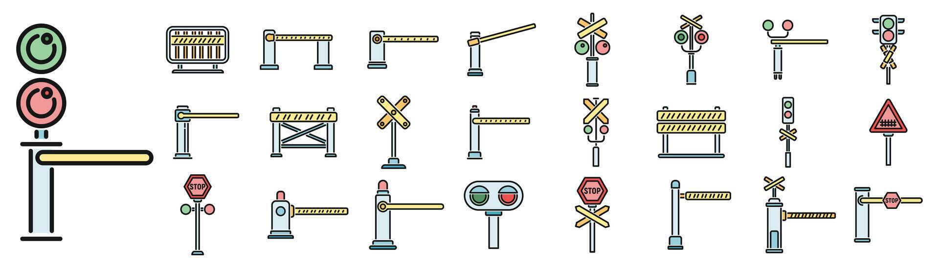 Railroad barrier icons set color line vector