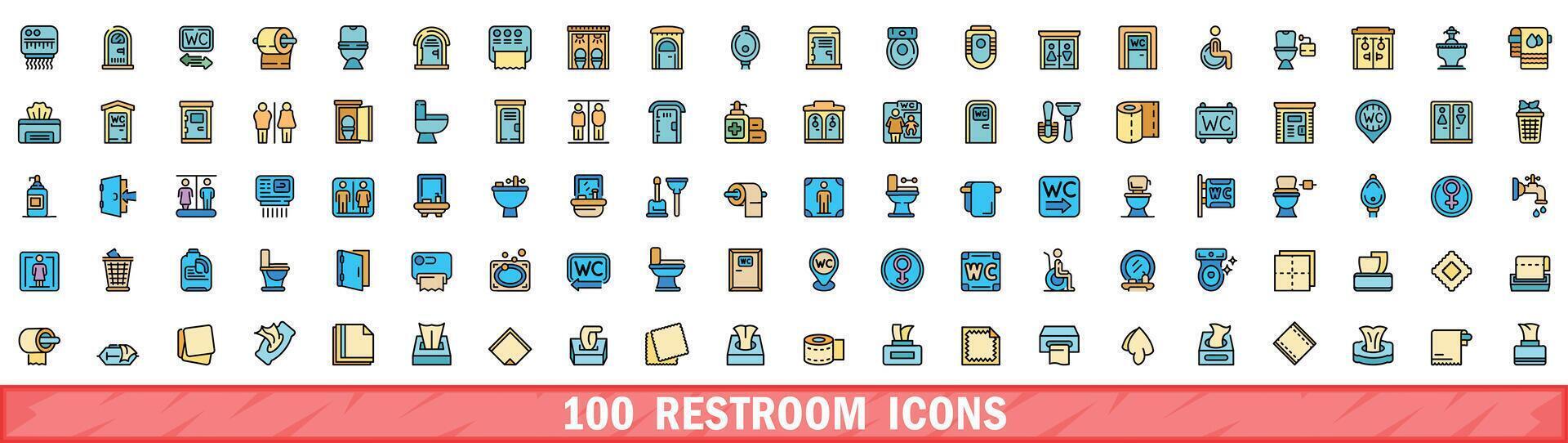 100 restroom icons set, color line style vector