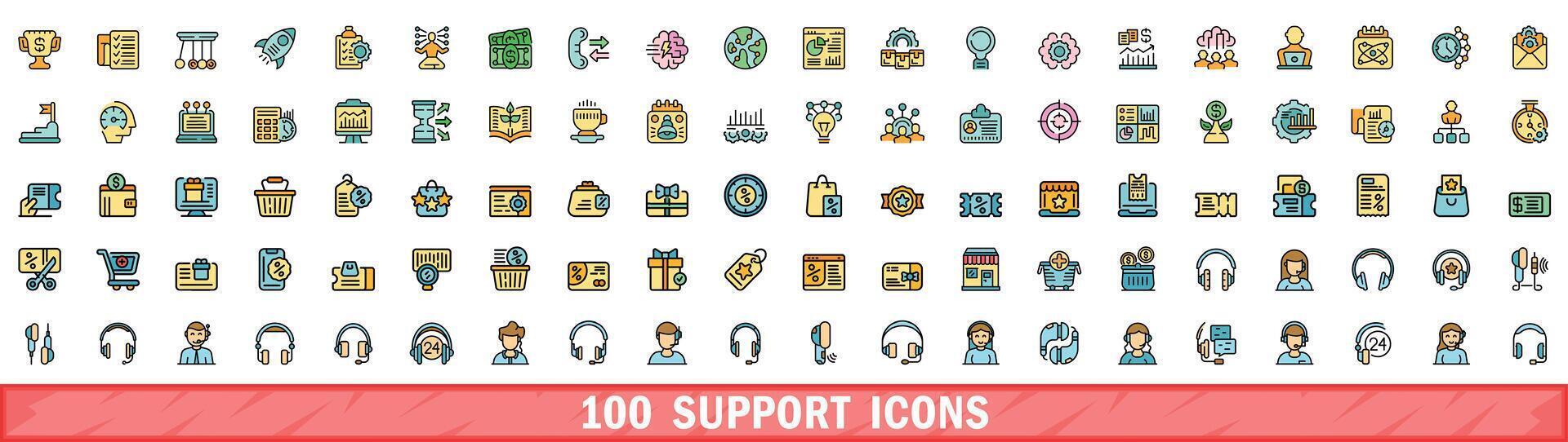 100 support icons set, color line style vector