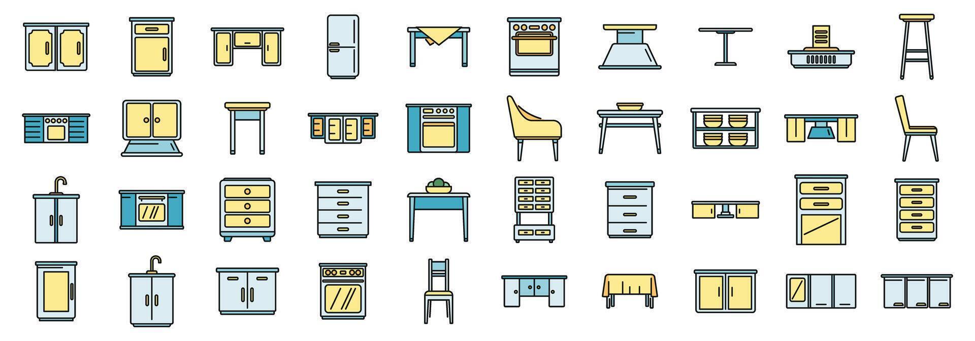 Kitchen furniture icons set color line vector