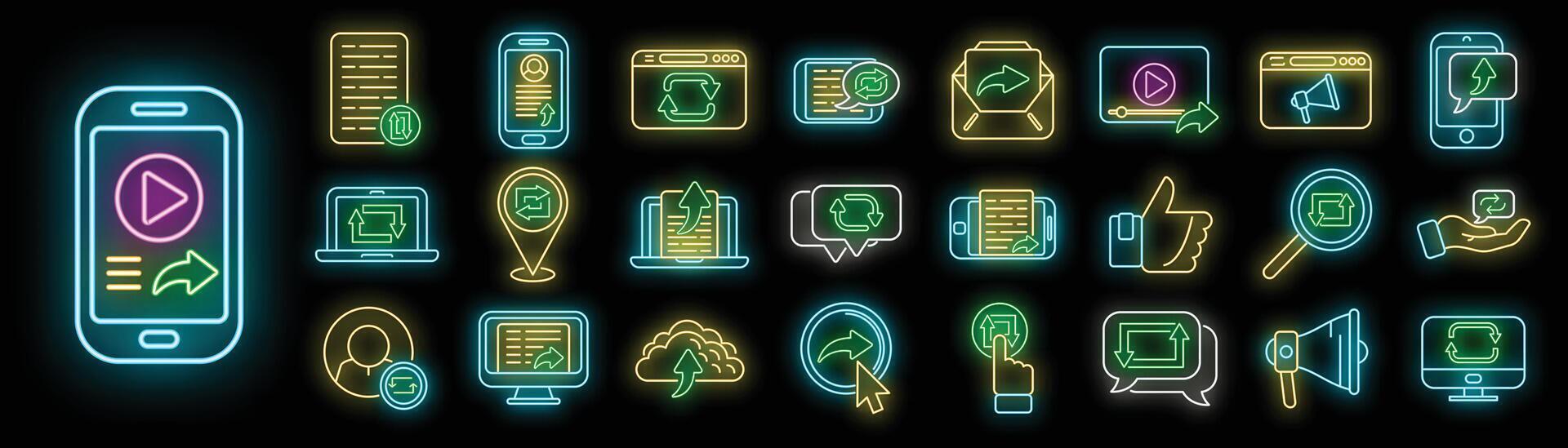 Repost icons set neon vector