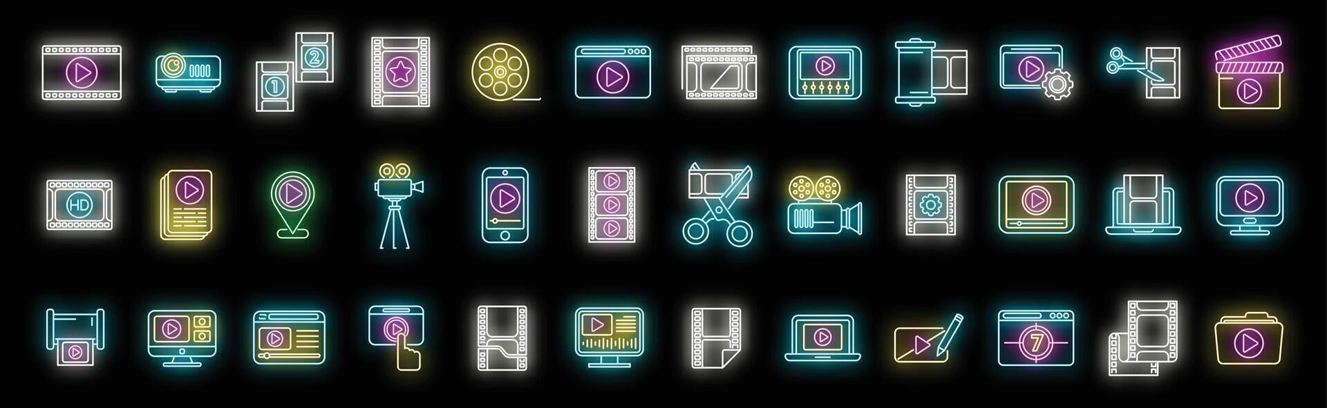 Clip montage icons set neon vector