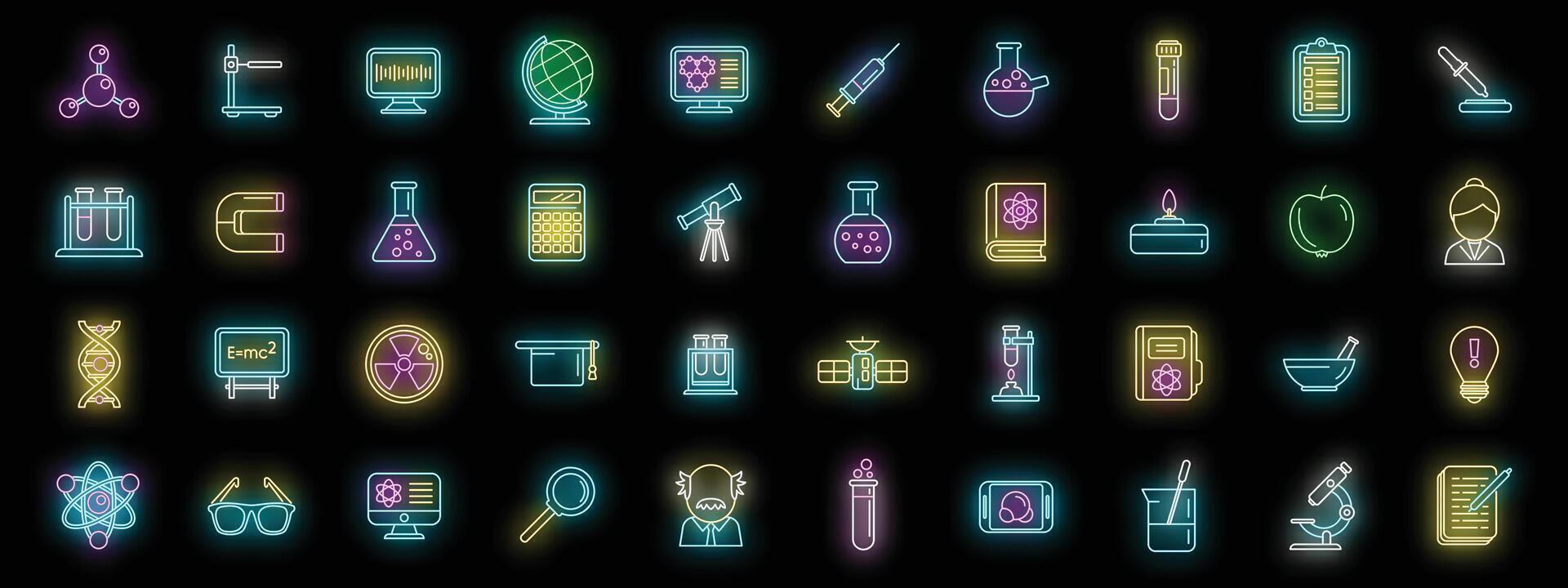 Research scientist icons set neon vector