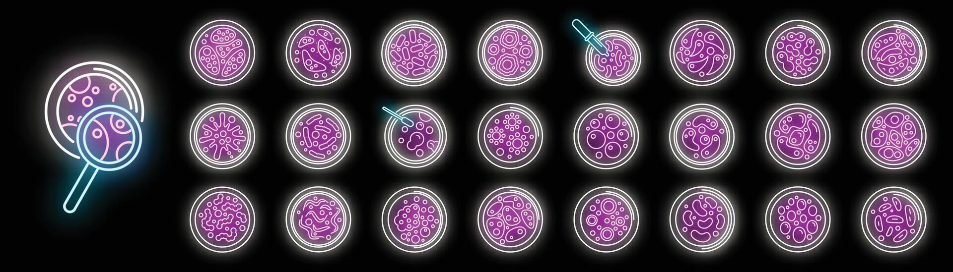 Petri dish icons set neon vector