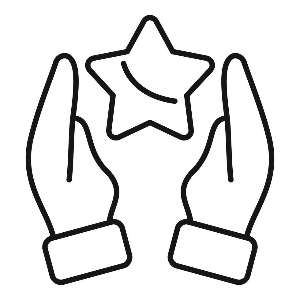 Hands keep care on star icon outline . Win idea vector
