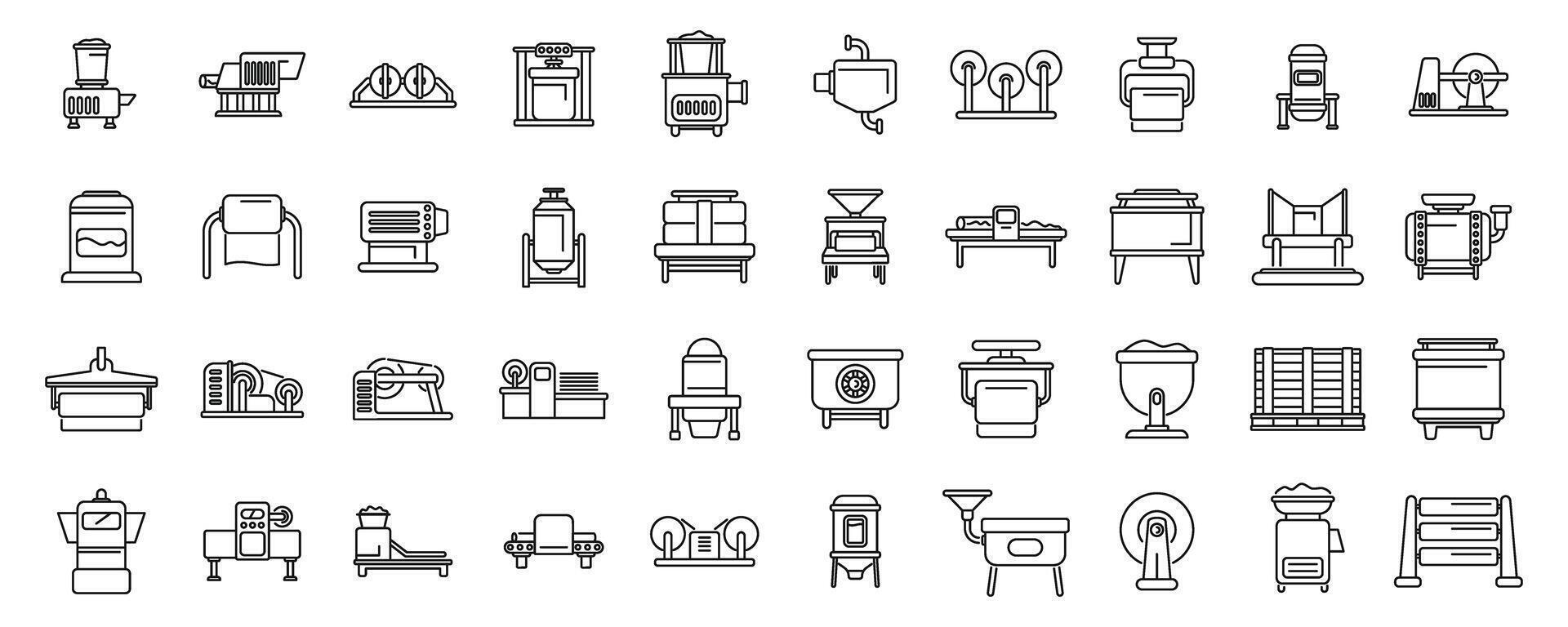 Equipment for paper production icons set outline . Factory roll vector