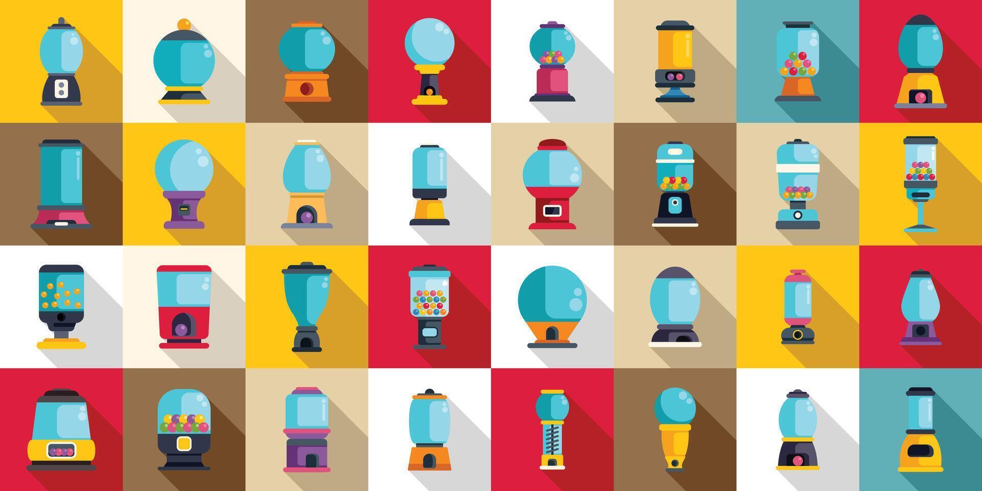 Bubblegum machine icons set flat . Vending toy vector