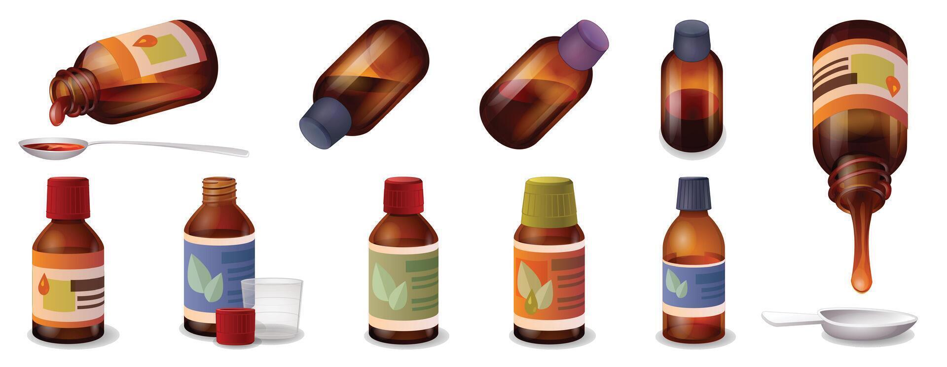 Cough syrup icons set cartoon . Dosage bottle vector