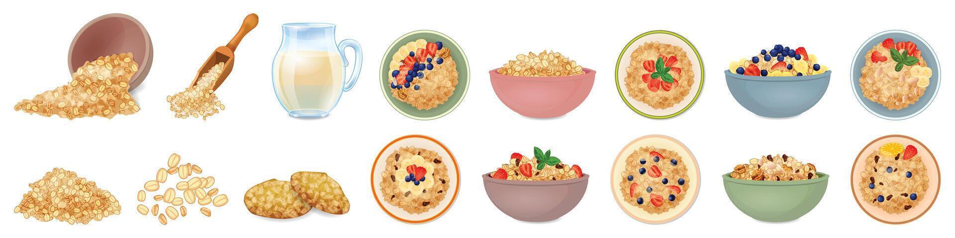 Oatmeal icons set cartoon . Muesli cereal vector