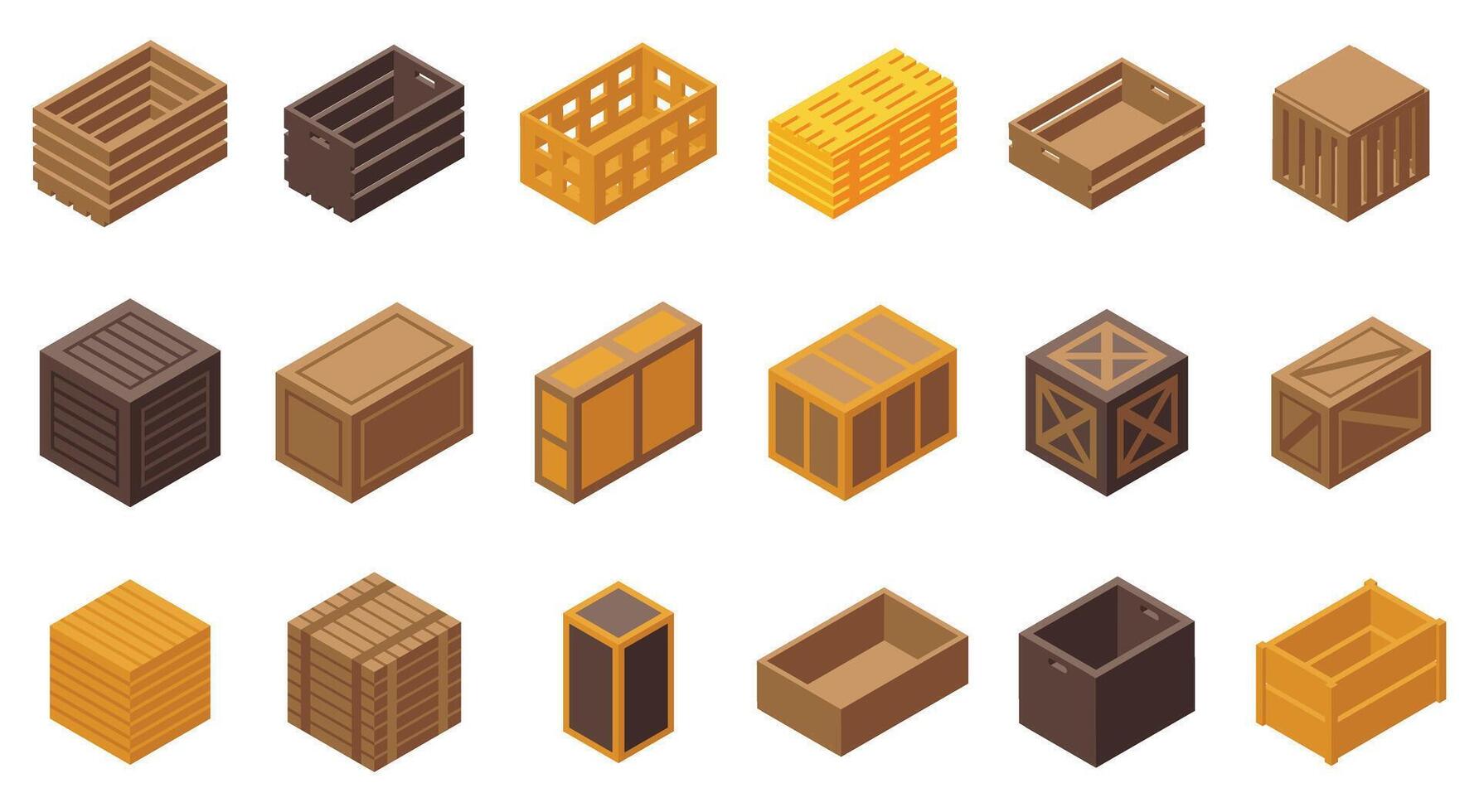 de madera cajas íconos conjunto isométrica . almacenamiento caja vector