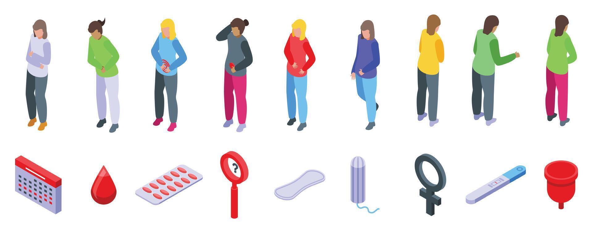 Menstrual calendar icons set isometric . Female cycle vector