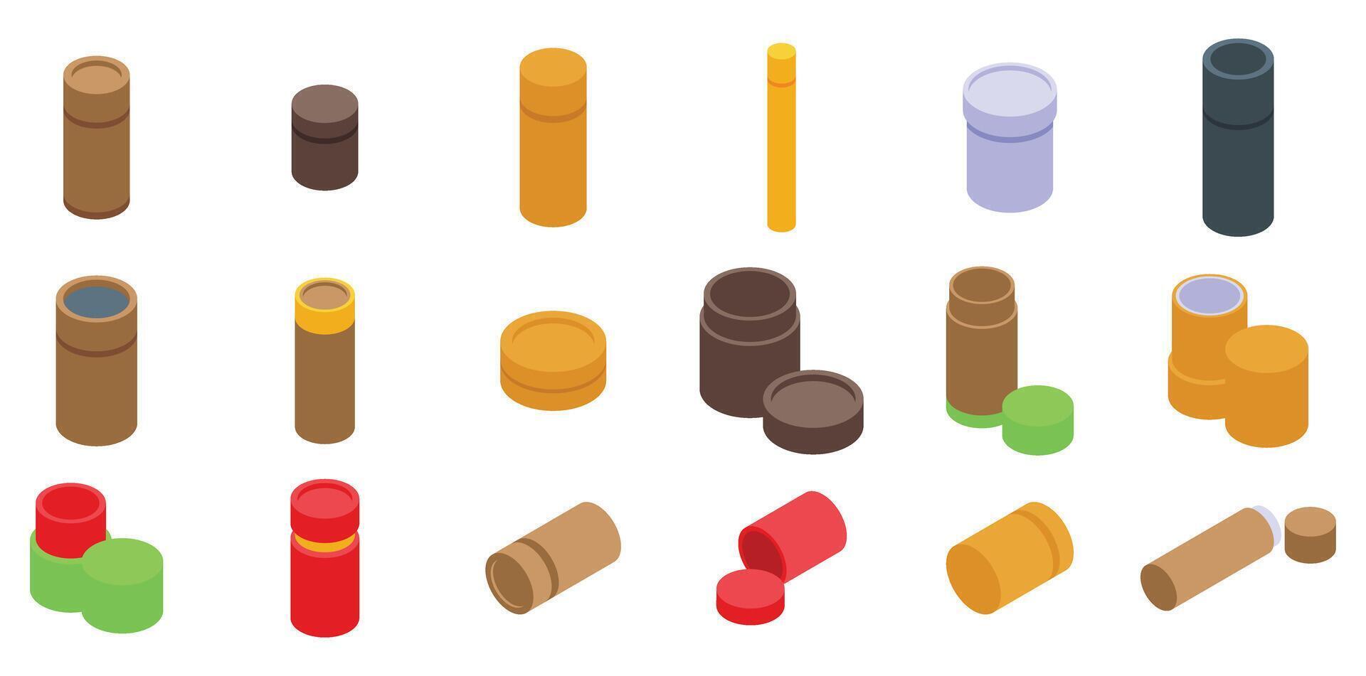 Craft tube box icons set isometric . Kraft package vector