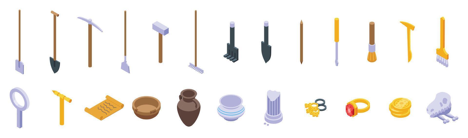 Excavation tools icons set isometric . Ancient inventory vector