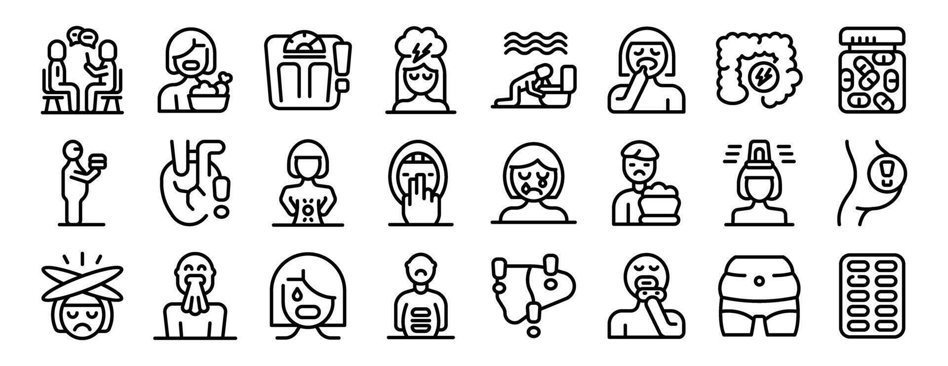 Bulimia icons set outline . Fat weight vector