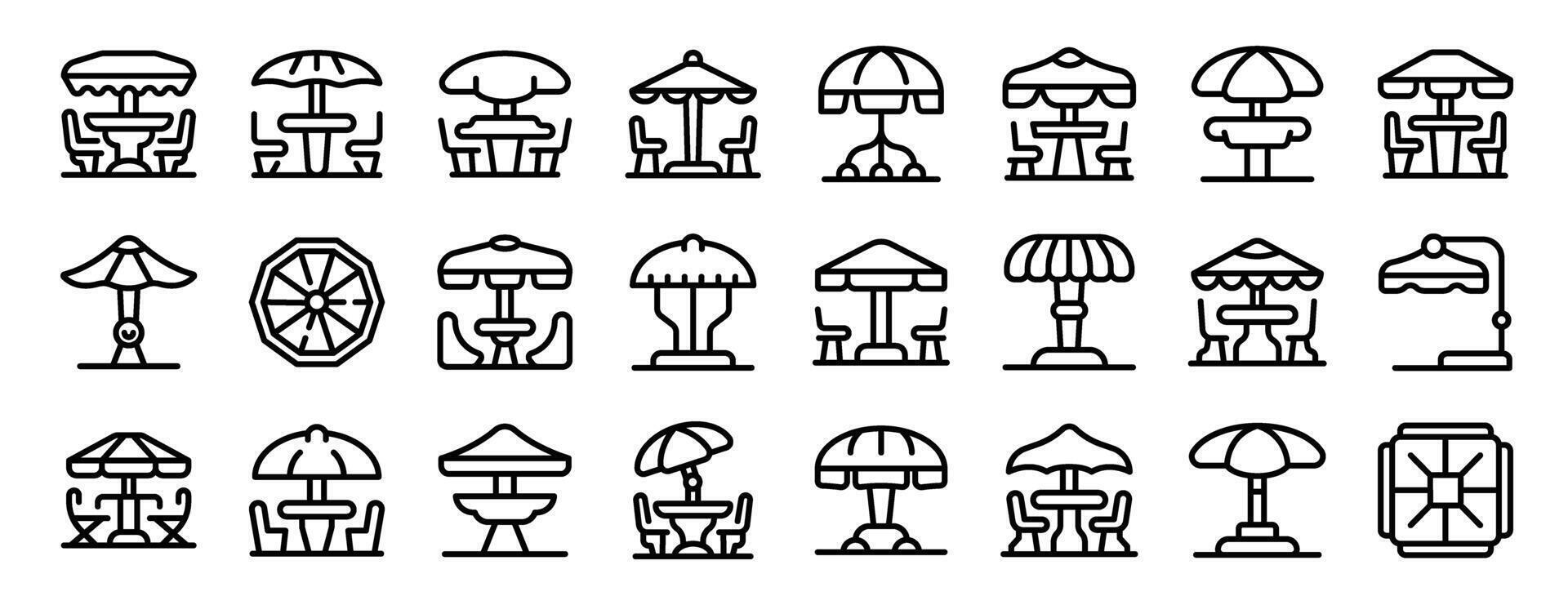 Outdoor cafe umbrella icons set outline . Street food vector