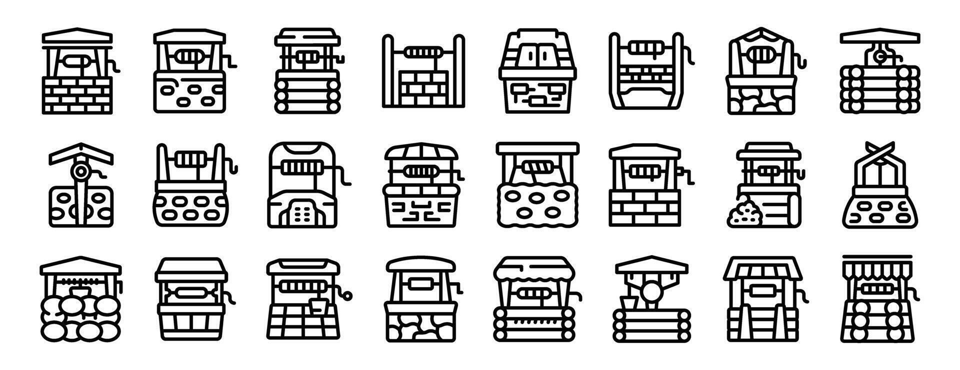 Old water well icons set outline . Rural stone vector