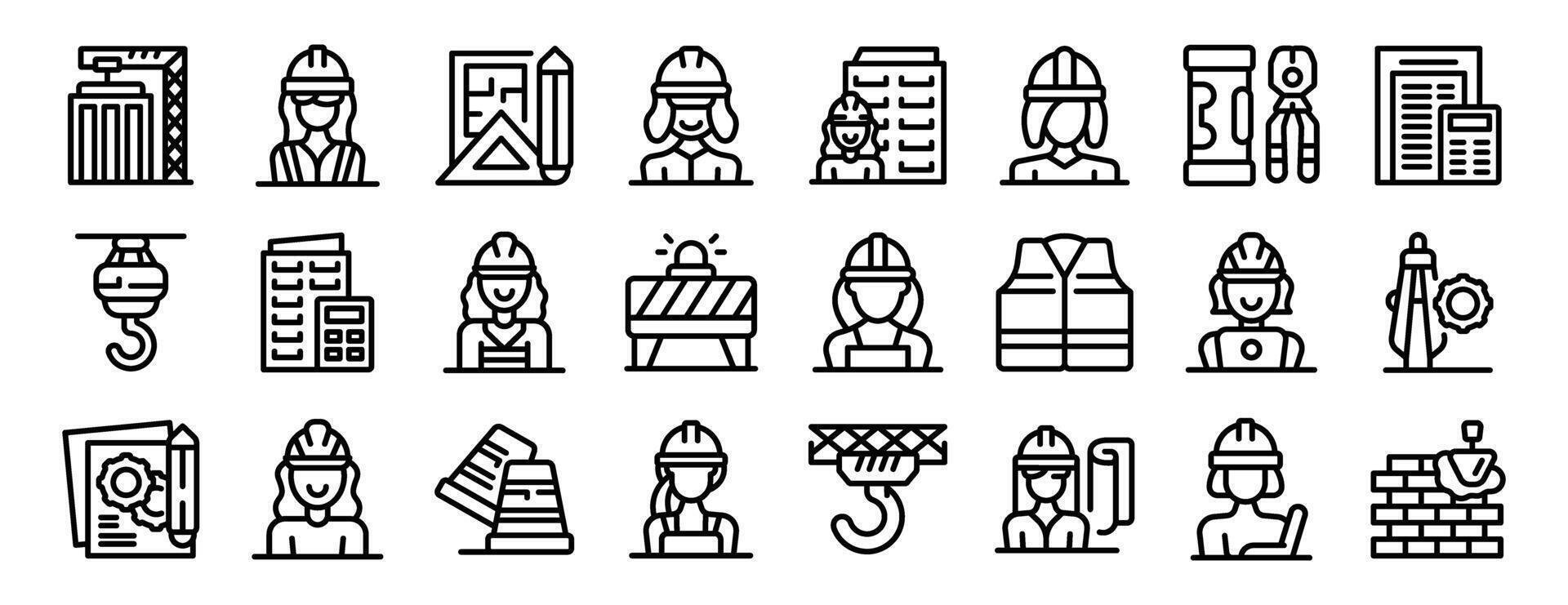 Construction worker woman icons set outline . Engineer builder vector