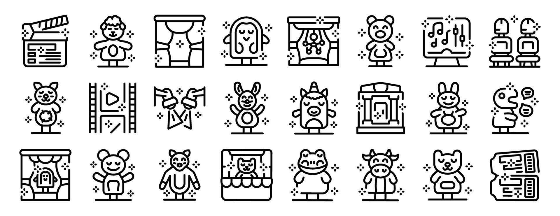 Puppets show icons set outline . Adult vector